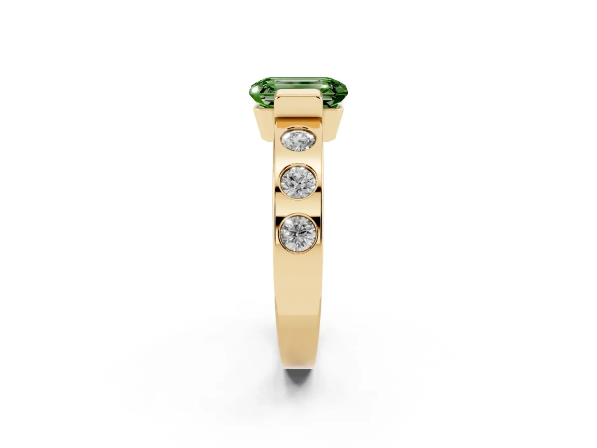 Fancy Green Emerald Cut Brilliant Channel-Set Diamond Ring with Bezel Prong Setting Yellow gold