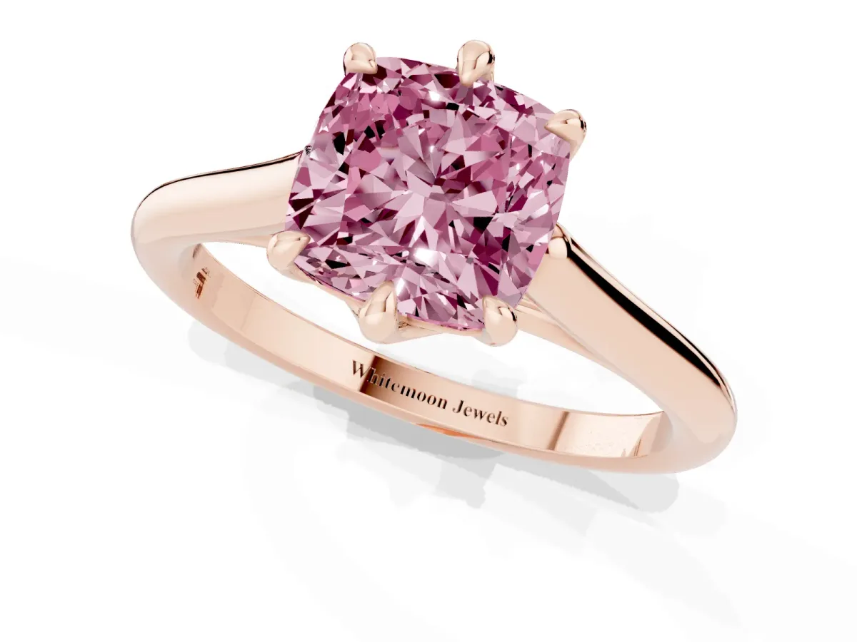 Fancy Pink Cushion Cut Solitaire Engagement Ring with Six-Prong Setting and Classic Band Rose gold