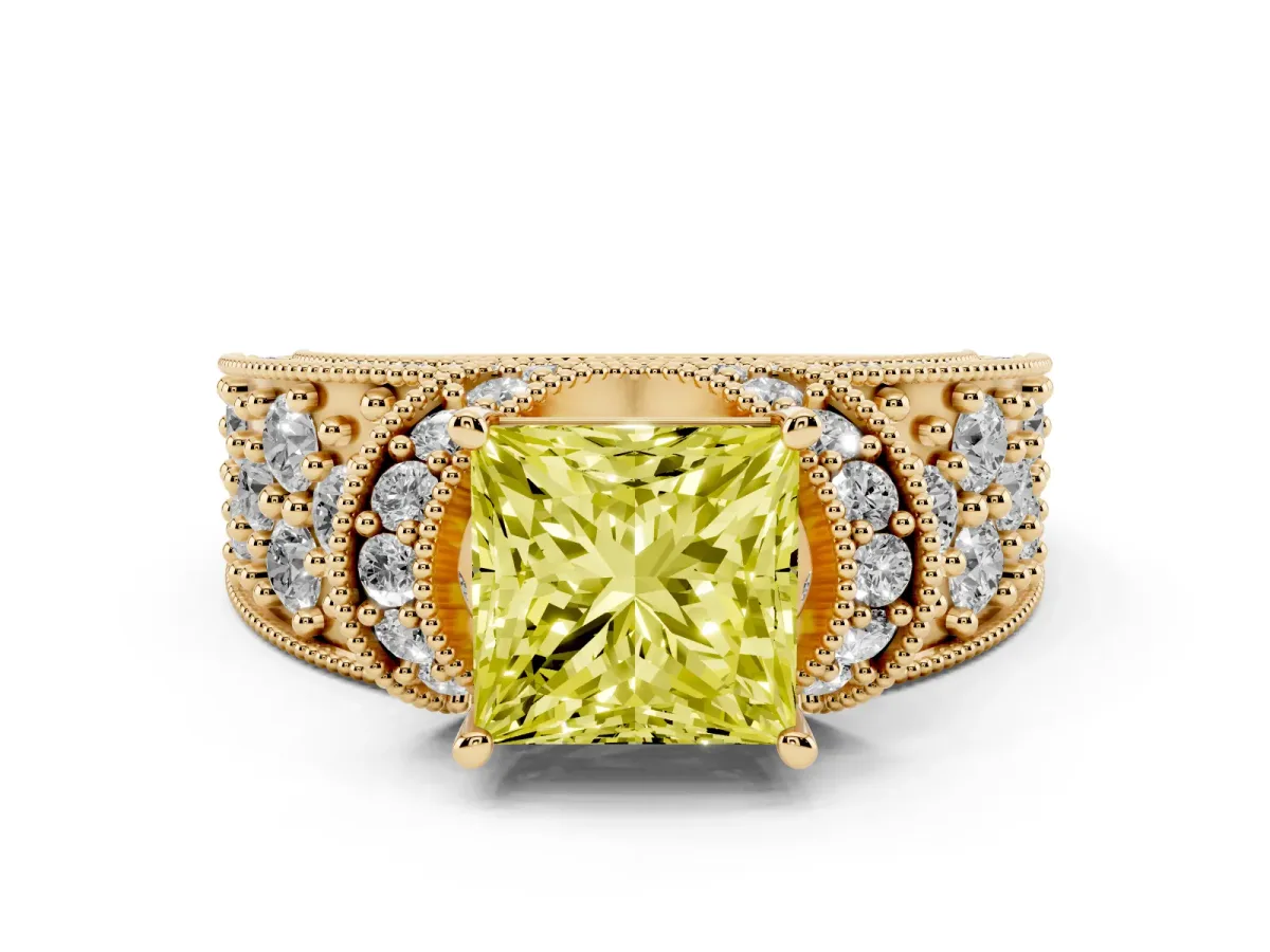 Fancy Yellow Princess Cut Halo Pave Diamond Engagement Ring with Milgrain Detailing Yellow gold