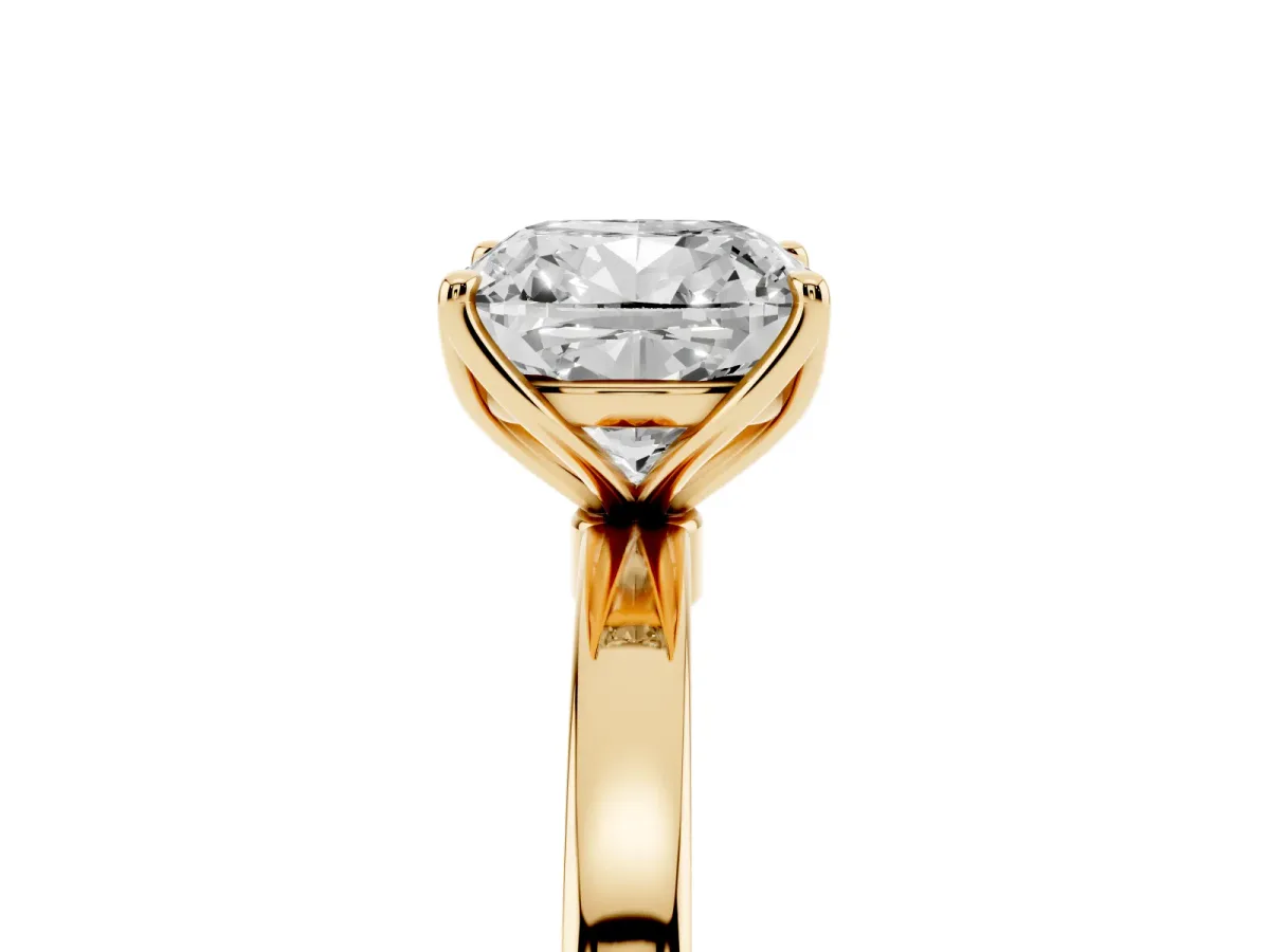 Cushion Cut Diamond Solitaire Ring with Thin Band and Prong Setting Yellow gold