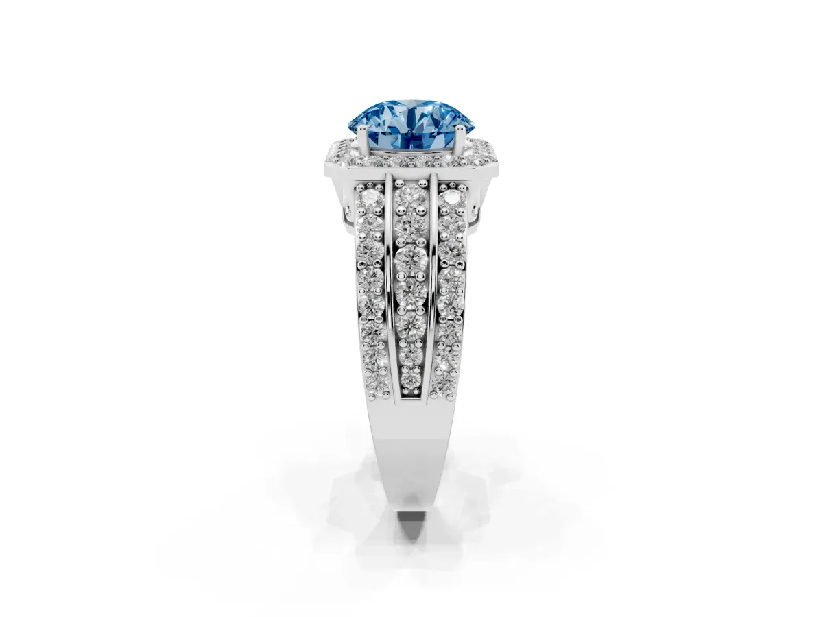 Fancy Blue Round Cut Halo Diamond Ring with Round Split Shank and Prong Setting Platinum