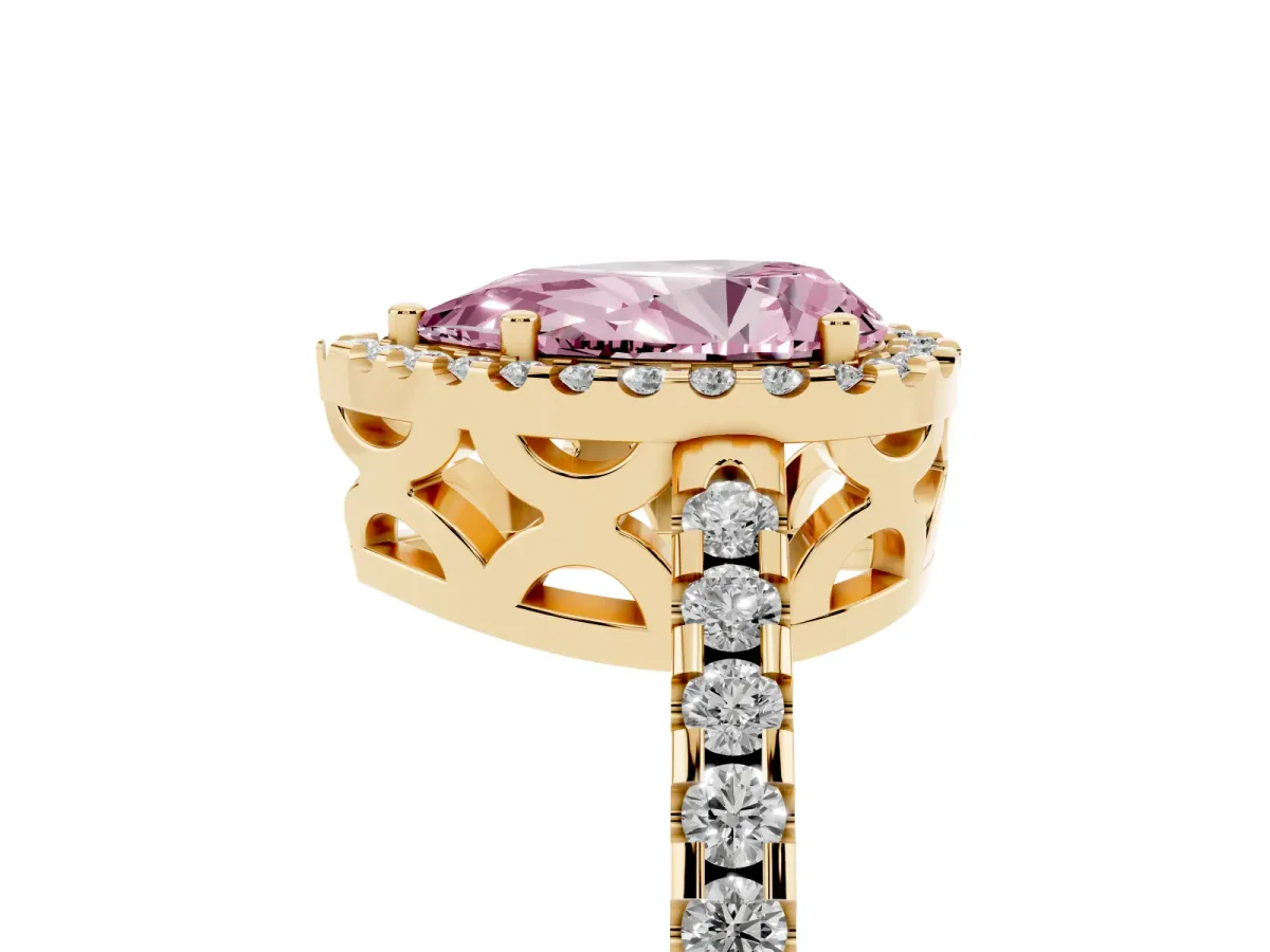 Fancy Pink Pear Cut Diamond Halo Engagement Ring with Pavé Band and Prong Setting Yellow gold