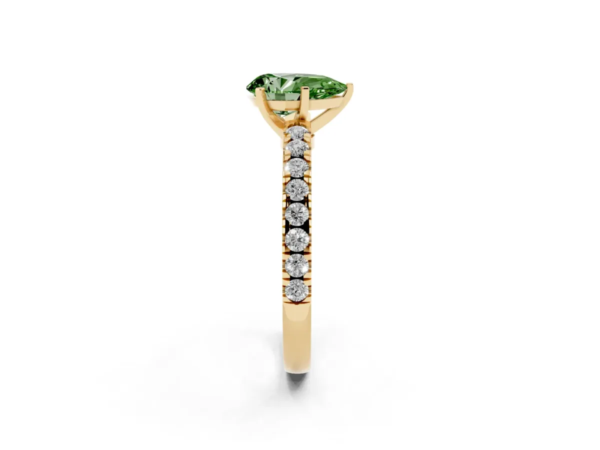 Fancy Green Pear Cut Solitaire Diamond with Pavé Band and Four-Prong Setting Yellow gold