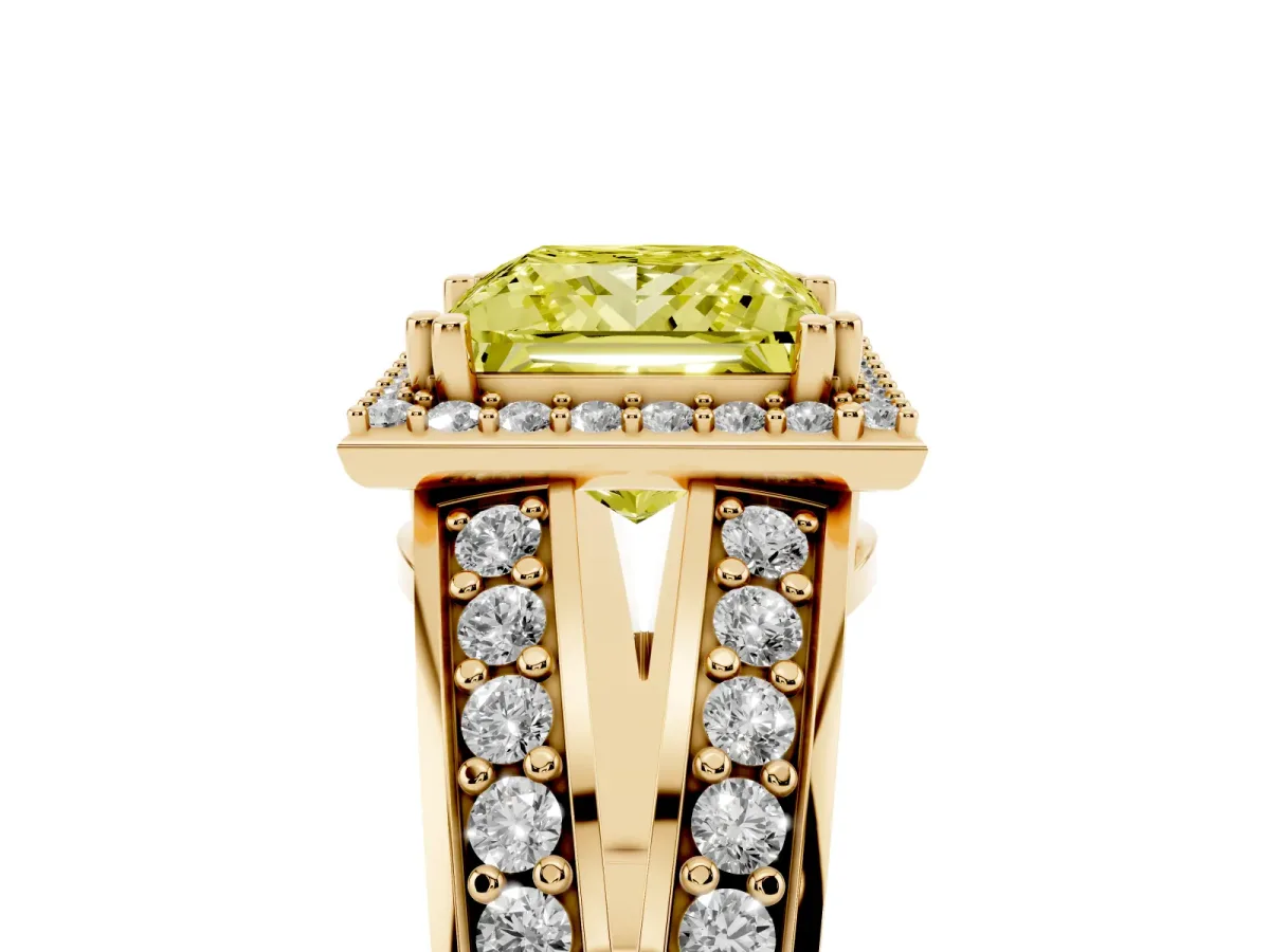 Fancy Yellow Princess Cut Diamond Halo Ring with Split Shank Pavé Band and Four-Prong Setting Yellow gold