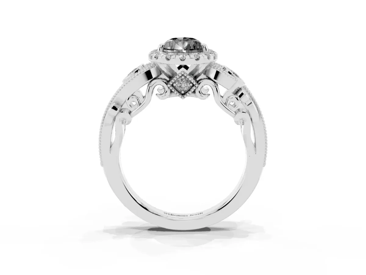 Fancy Black Pear Cut Halo Diamond Ring with Milgrain and Bezel Accents on a Split Shank Band Platinum