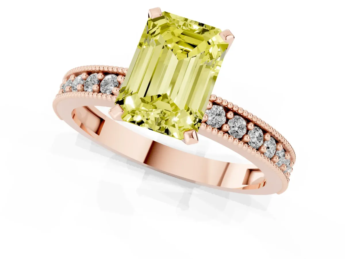 Fancy Yellow Emerald Cut Diamond Milgrain Pavé Engagement Ring with Four-Prong Setting Rose gold