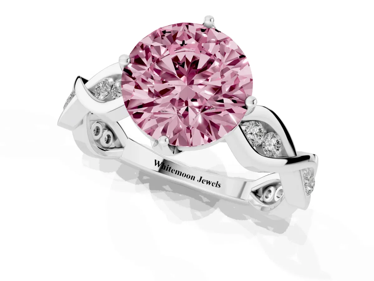 Fancy Pink Round Cut Solitaire Twist Band with Leaf Prong Setting White gold