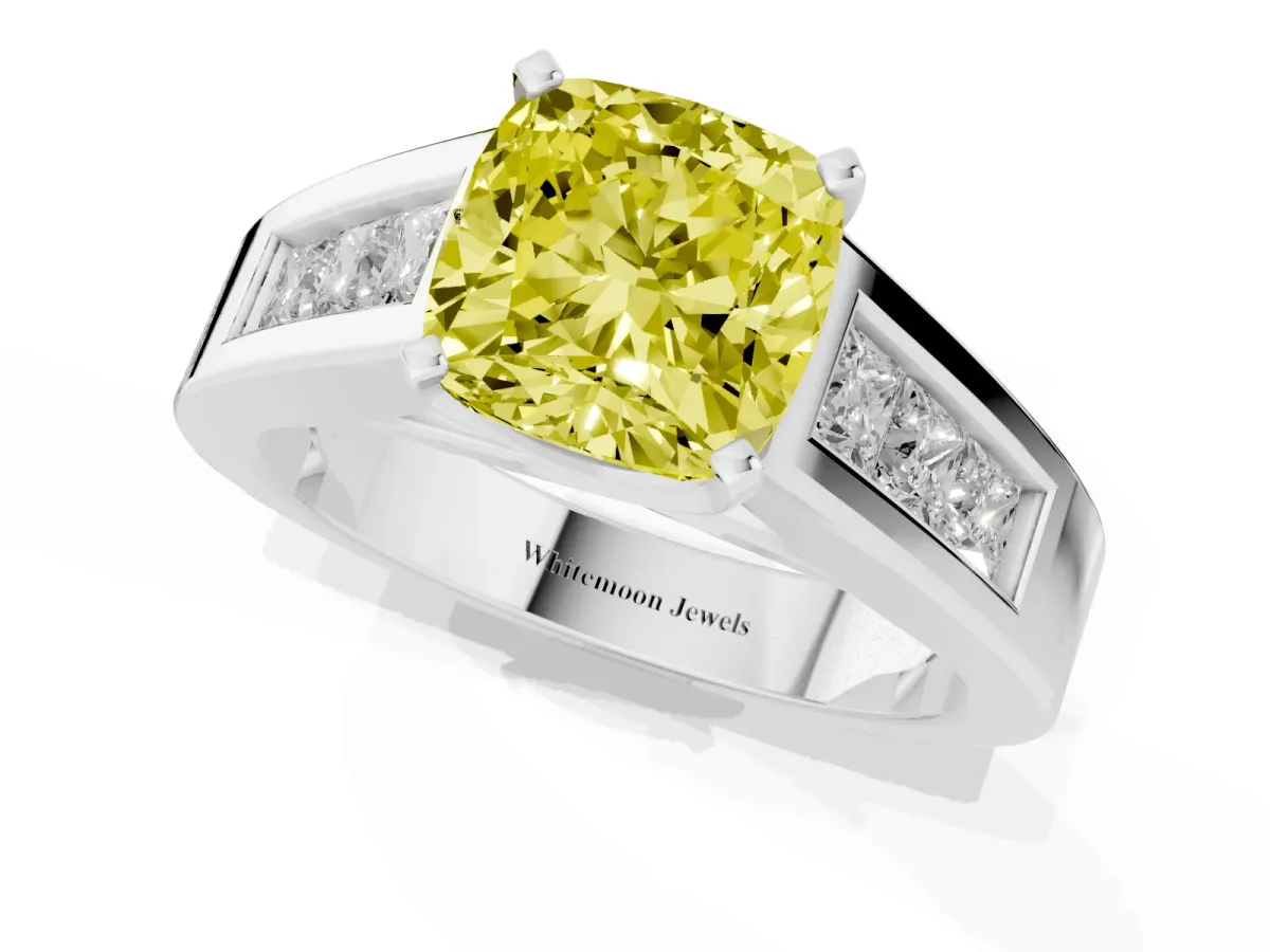 Fancy Yellow Cushion Cut Cut Channel Set Solitaire Ring with Four-Prong Setting Platinum