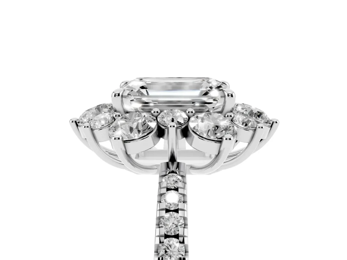 Emerald Cut Diamond Floral Halo Ring with Round Pavé Band and Prong Setting White gold