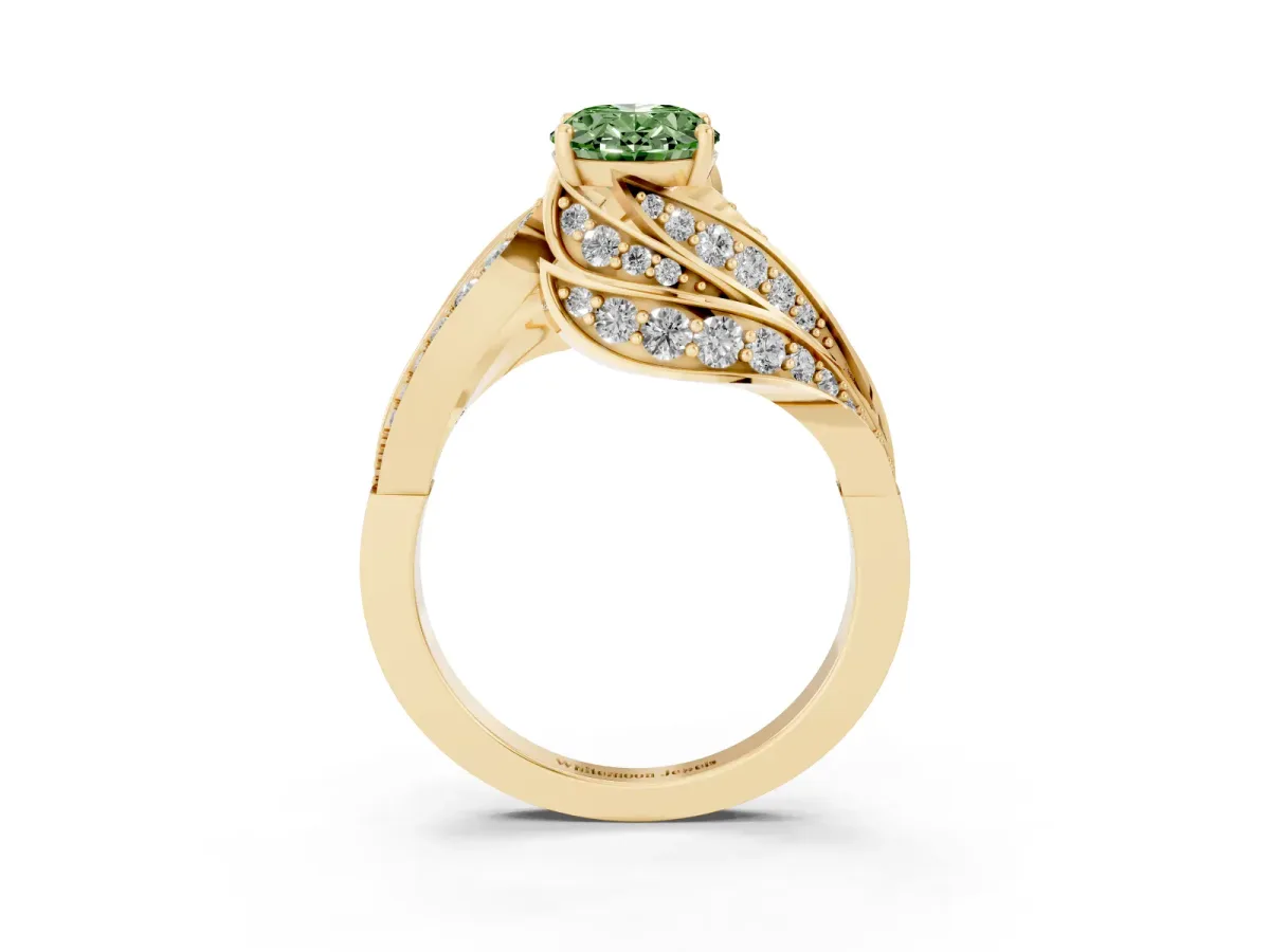 Fancy Green Oval Cut Diamond Solitaire Ring with Prong Setting and Twisted Pavé Band Yellow gold