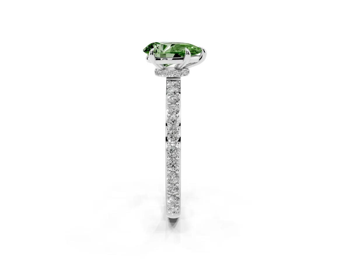 Fancy Green Pear Cut Diamond Pavé Engagement Ring with Round Accents and Prong Setting Silver