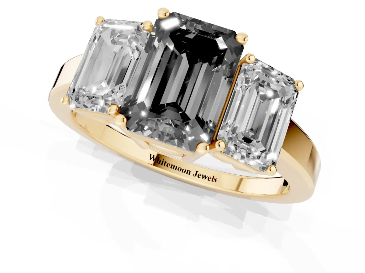 Fancy Black Three-Stone Emerald Cut Cut Diamond Engagement Ring with Flat Band and Four-Prong Setting Yellow gold