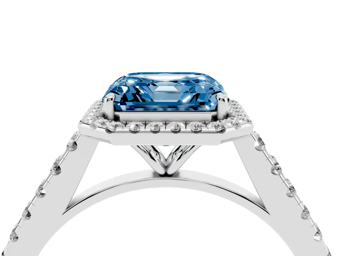 Fancy Blue Asscher Cut Halo Pave Diamond Engagement Ring with Four-Prong Setting Silver