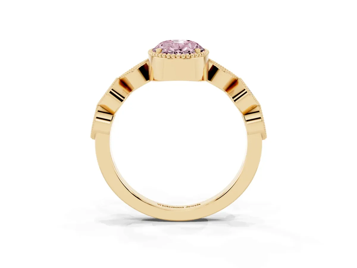 Fancy Pink Oval Cut Diamond Vintage Milgrain Ring with Round Stations Yellow gold