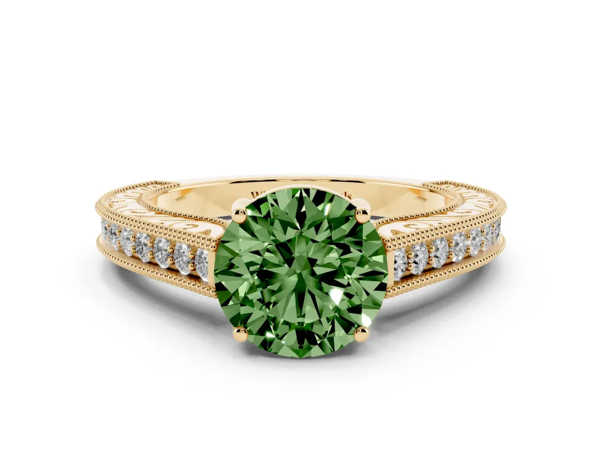 Fancy Green Round Cut Cut Pave Band Milgrain Solitaire Ring Yellow gold