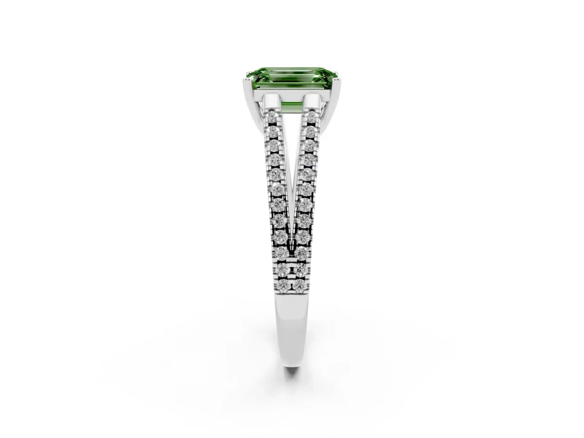 Fancy Green Emerald Cut Diamond Solitaire Engagement Ring with Split Shank Pavé Band Platinum