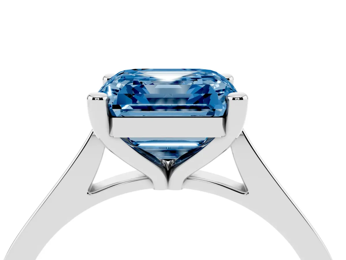 Fancy Blue Asscher Cut Solitaire Diamond Ring with Four-Prong Setting and Tapered Band Silver