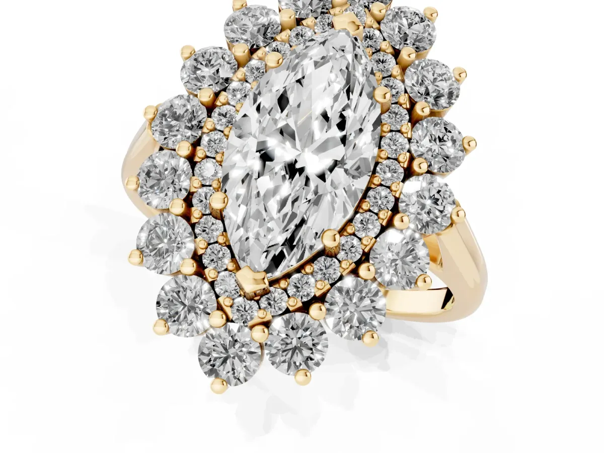 Marquise Cut Diamond Floral Double Halo Engagement Ring with Prong Setting Yellow gold
