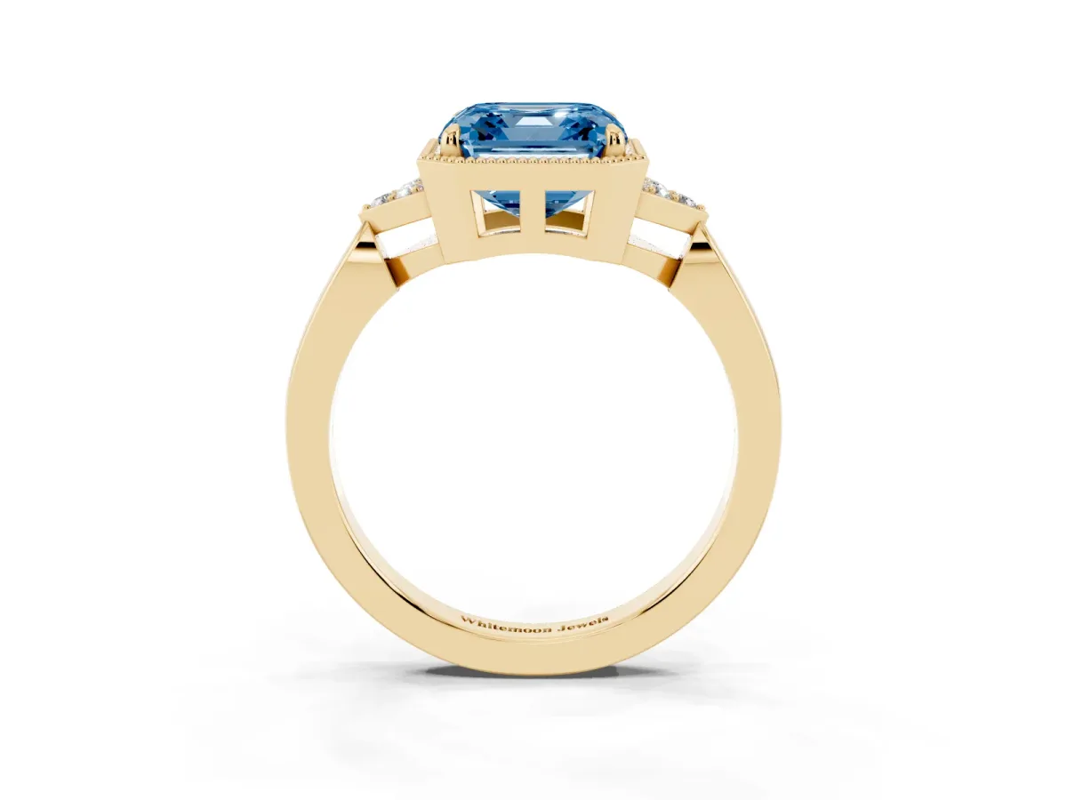 Fancy Blue Asscher Cut Diamond Halo Ring with Tapered Band and Four-Prong Setting Yellow gold
