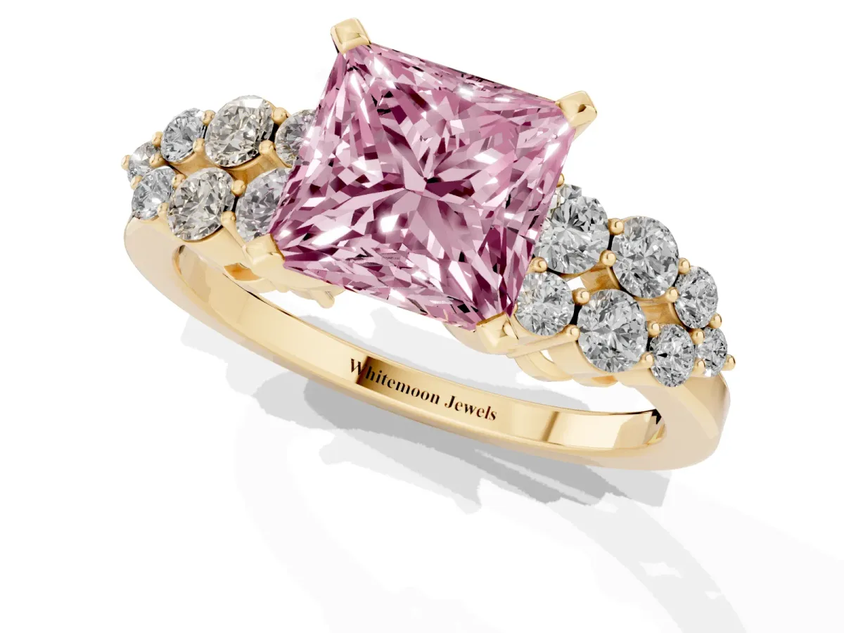 Fancy Pink Princess Cut Cluster Diamond Engagement Ring with Pavé Band and Four-Prong Setting Yellow gold