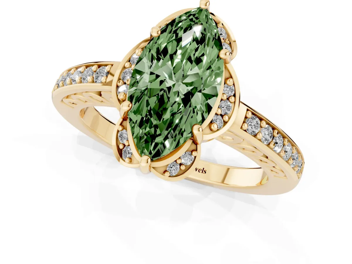 Fancy Green Marquise Cut Cut Halo Diamond Ring with Channel Set Band and Four-Prong Setting Yellow gold