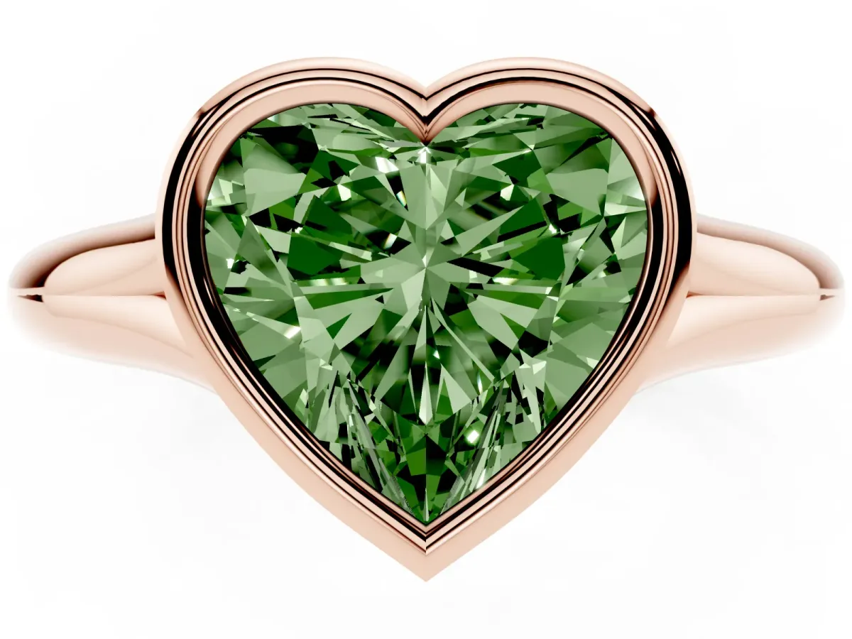 Fancy Green Bezel Set Heart Cut Solitaire Diamond Ring with Smooth Band Rose gold