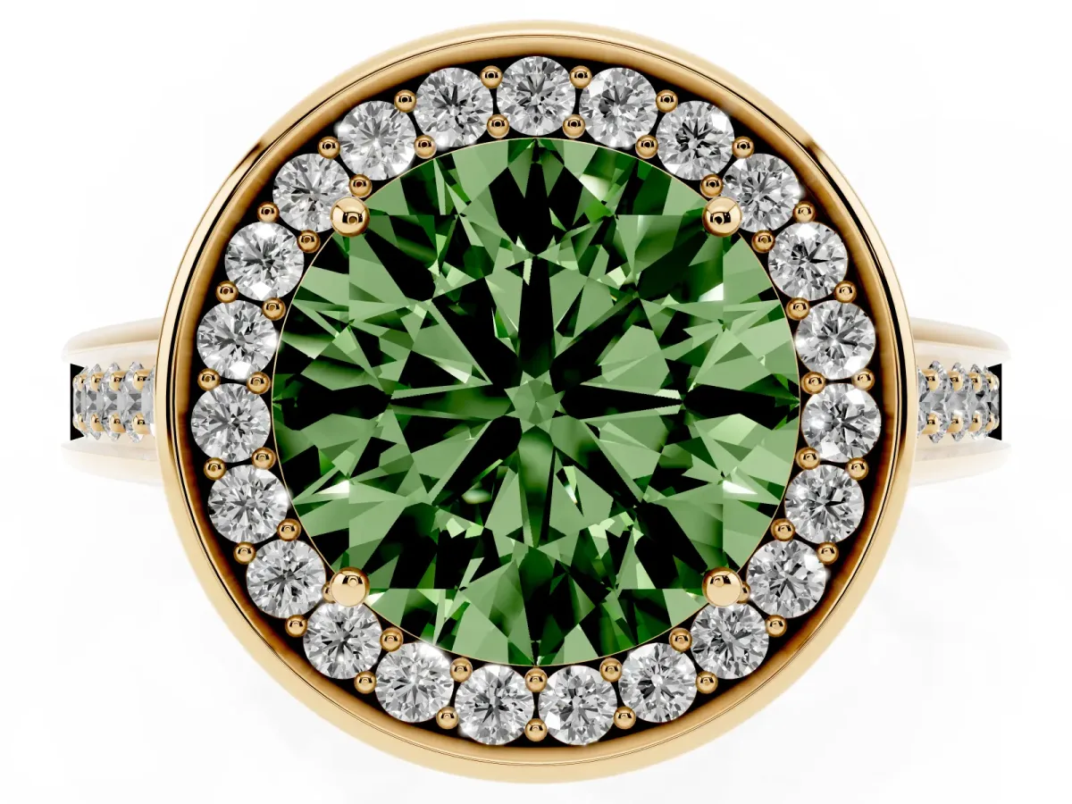 Fancy Green Round Cut Halo Solitaire Diamond Ring with Pave Band and Bezel Setting Yellow gold