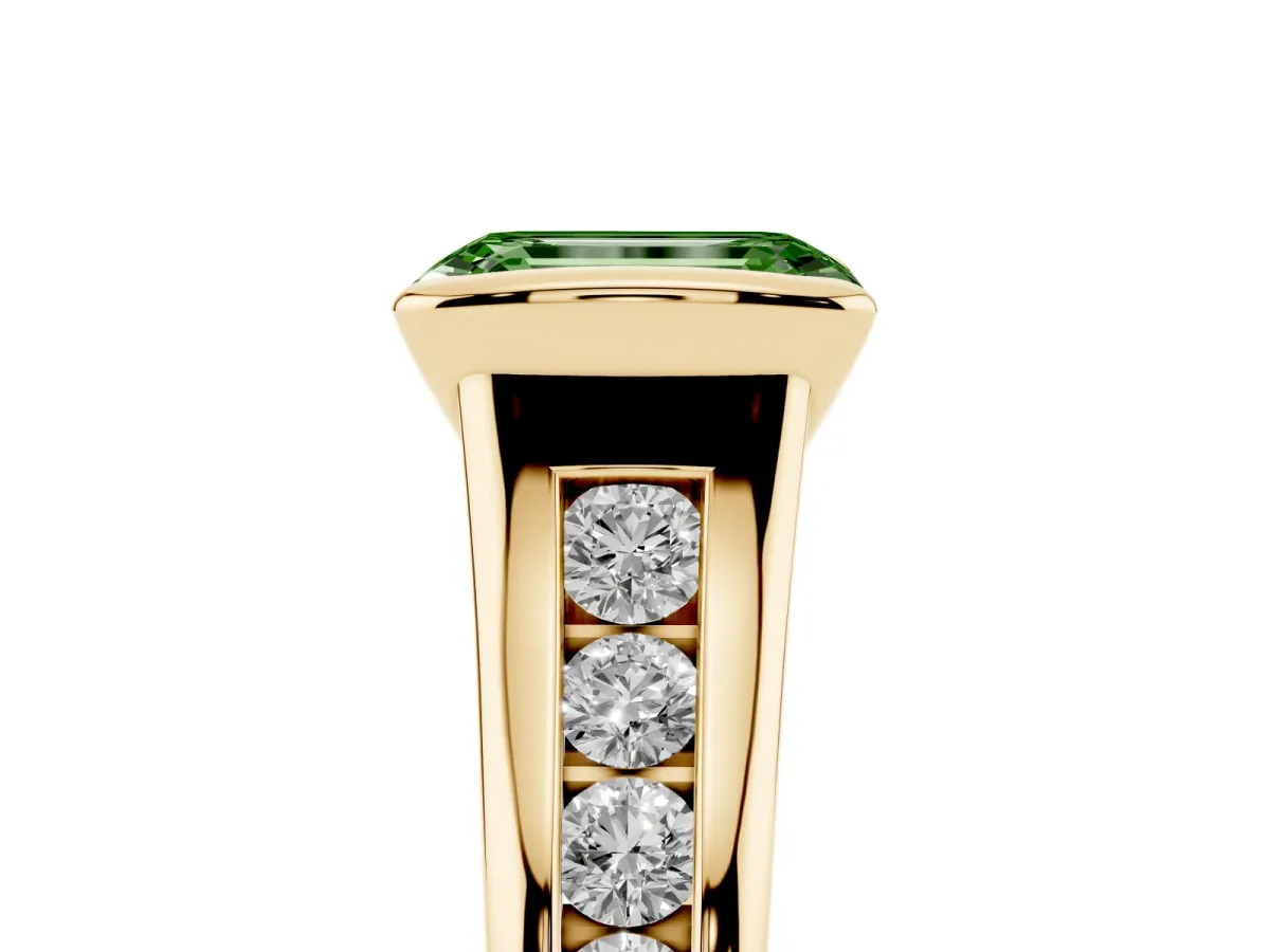 Fancy Green Emerald Cut Solitaire Bezel-Set Diamond Ring with Channel-Set Band Yellow gold