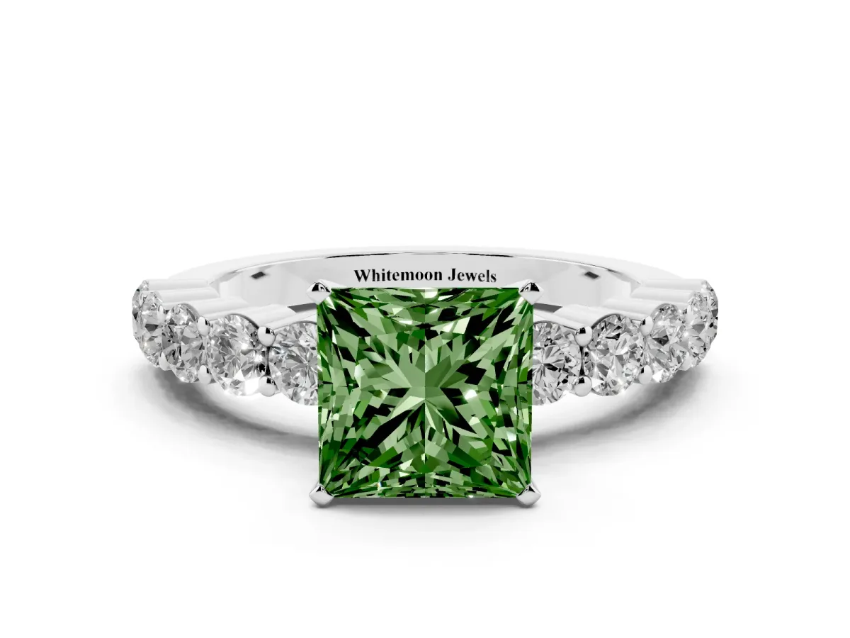 Fancy Green Princess Cut Diamond Solitaire Ring with Shared Prong Round Side Stones Platinum