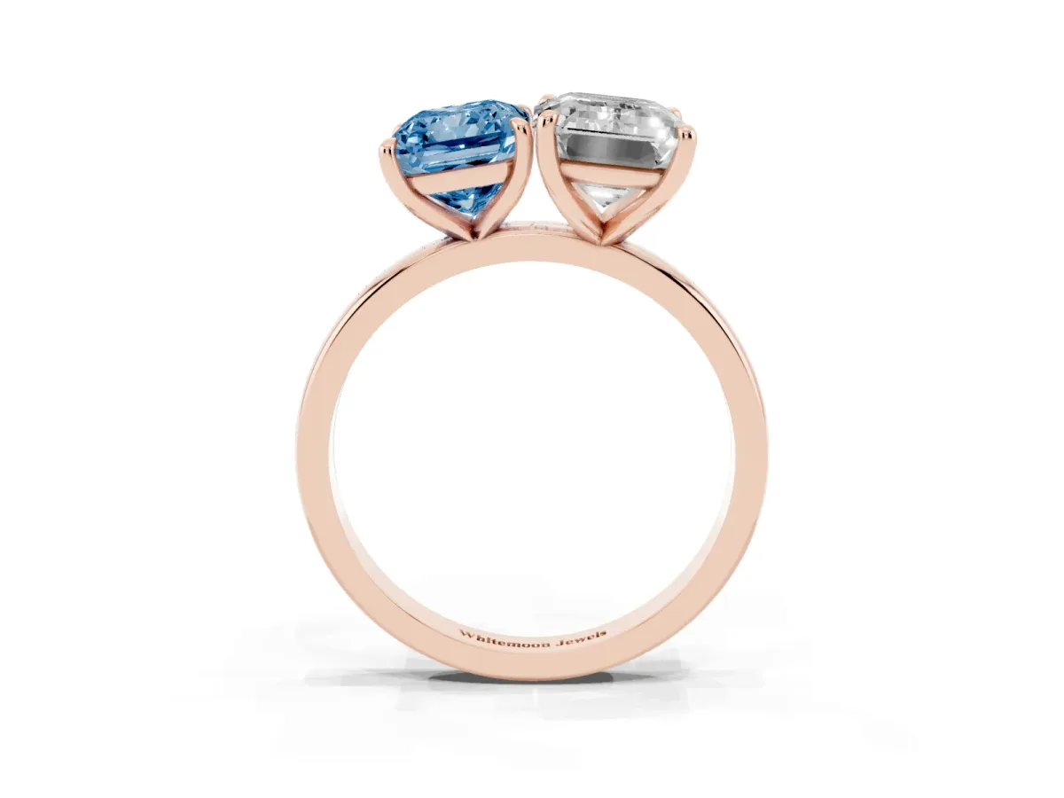 Fancy Blue Radiant Cut and Emerald Cut Toi Moi Ring with Prong Setting Rose gold