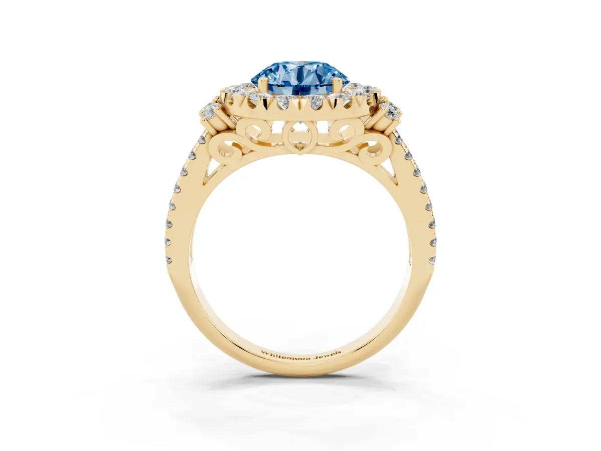 Fancy Blue Round Cut Cut Double Halo Diamond Engagement Ring with Pave Band and Four-Prong Setting Yellow gold