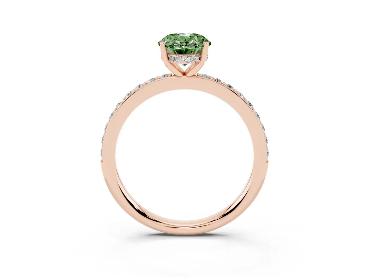 Fancy Green Oval Cut Cut Diamond Pavé Band Ring with Four-Prong Setting Rose gold