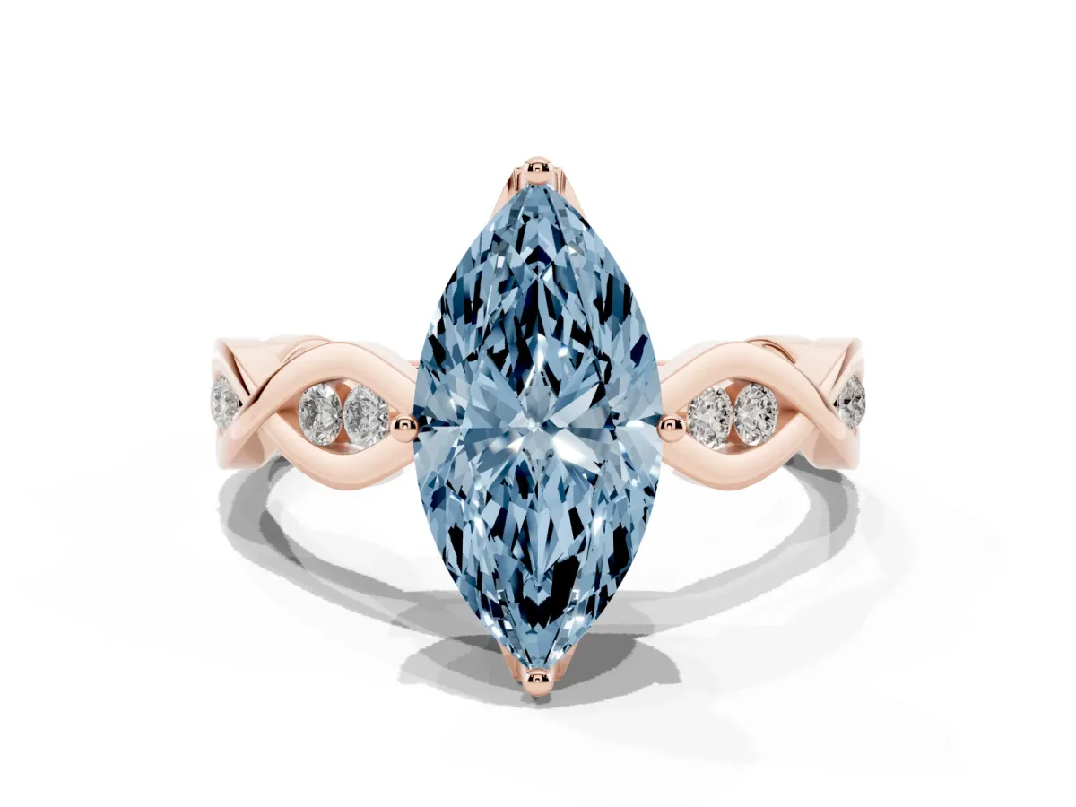 Fancy Blue Marquise Cut Solitaire Twist Band with Leaf Prong Setting Rose gold