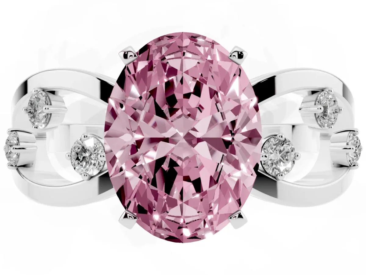 Fancy Pink Oval Cut Cut Solitaire Diamond with Side Stones on Criss-Cross Band and Four-Prong Setting Platinum
