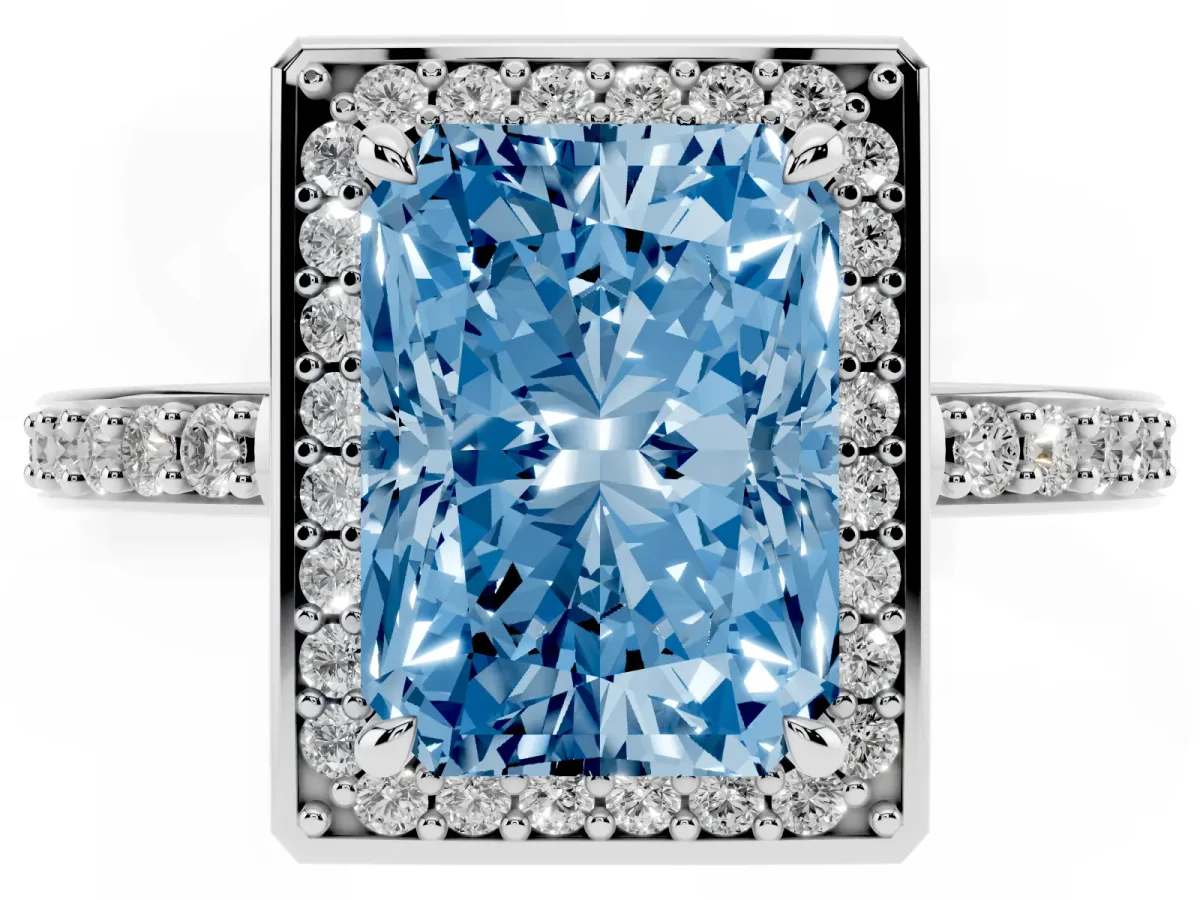 Fancy Blue Radiant Cut Halo Pave Band Solitaire Ring with Prong Setting Silver