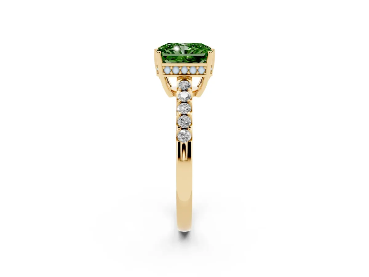 Fancy Green Radiant Cut Solitaire Diamond Engagement Ring with Pavé Band and Six-Prong Setting Yellow gold