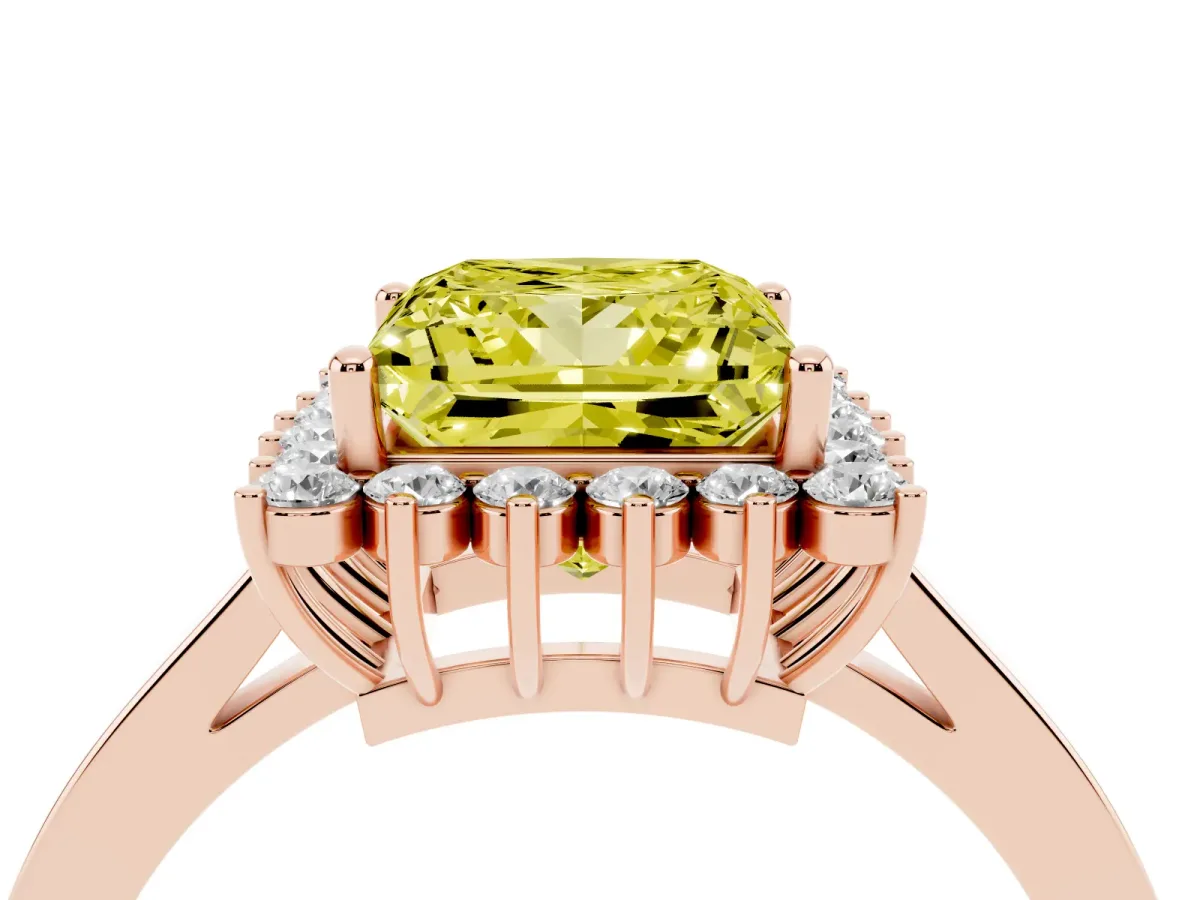 Fancy Yellow Princess Cut Cut Diamond Halo Ring with Round Brilliant Halo and Solitaire Band Rose gold