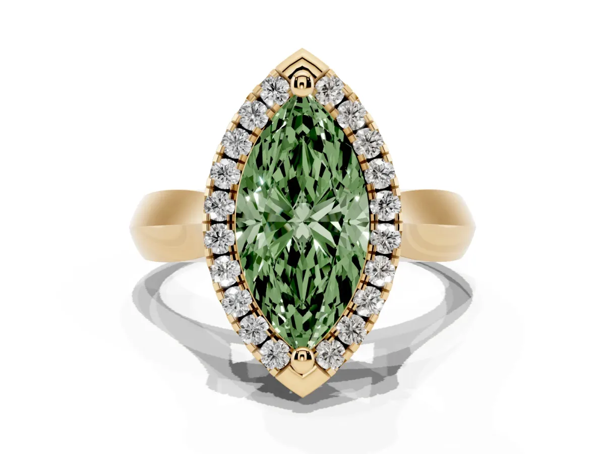 Fancy Green Marquise Cut Cut Halo Solitaire Engagement Ring with Square Band and Four-Prong Setting Yellow gold
