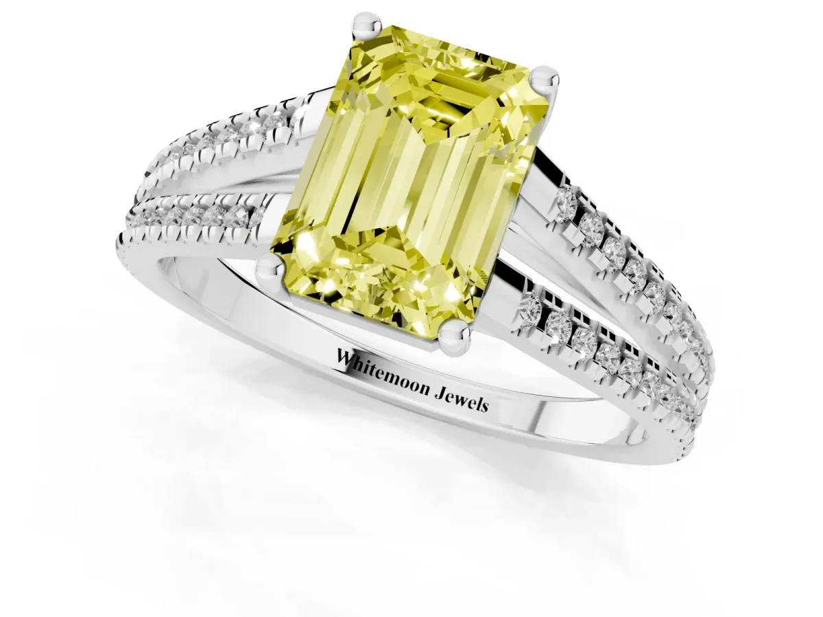 Fancy Yellow Emerald Cut Diamond Solitaire Engagement Ring with Split Shank Pavé Band Platinum