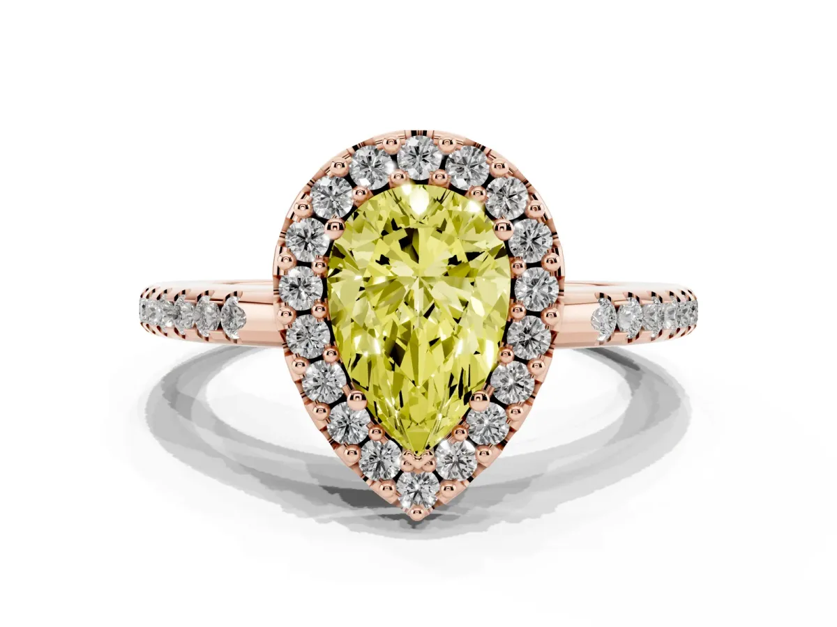 Fancy Yellow Pear Cut Diamond Pavé Halo Ring with Four-Prong Setting Rose gold