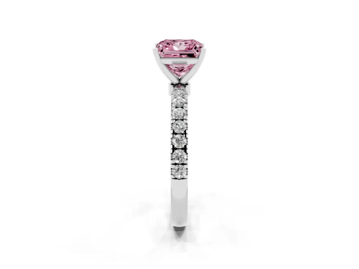 Fancy Pink Princess Cut Diamond Solitaire Ring with Pavé Accents and Four-Prong Setting Silver