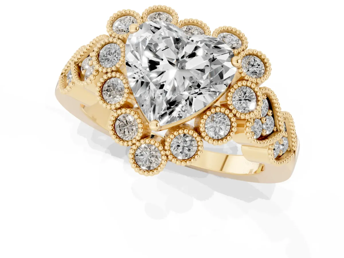 Heart Cut Brilliant Milgrain Pave Heart Band Solitaire Ring Yellow gold