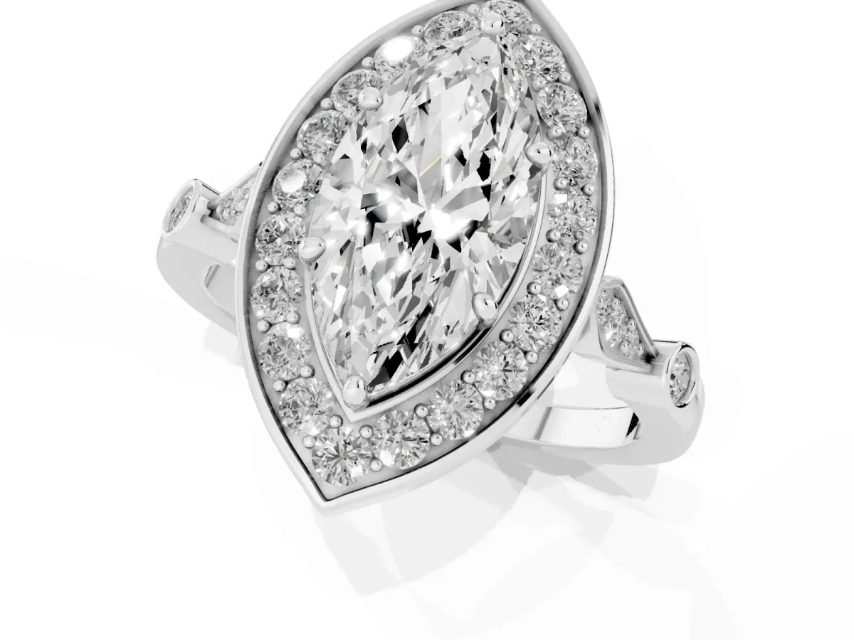 Marquise Cut Halo Diamond Engagement Ring with Twisted Band and Four-Prong Setting White gold