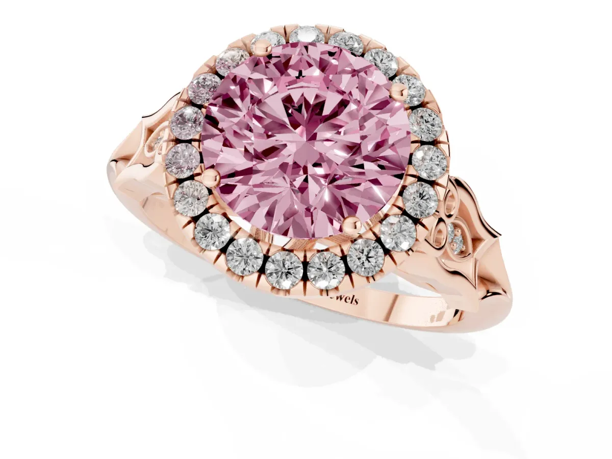Fancy Pink Round Cut Halo Diamond Engagement Ring with Filigree Band and Four-Prong Setting Rose gold