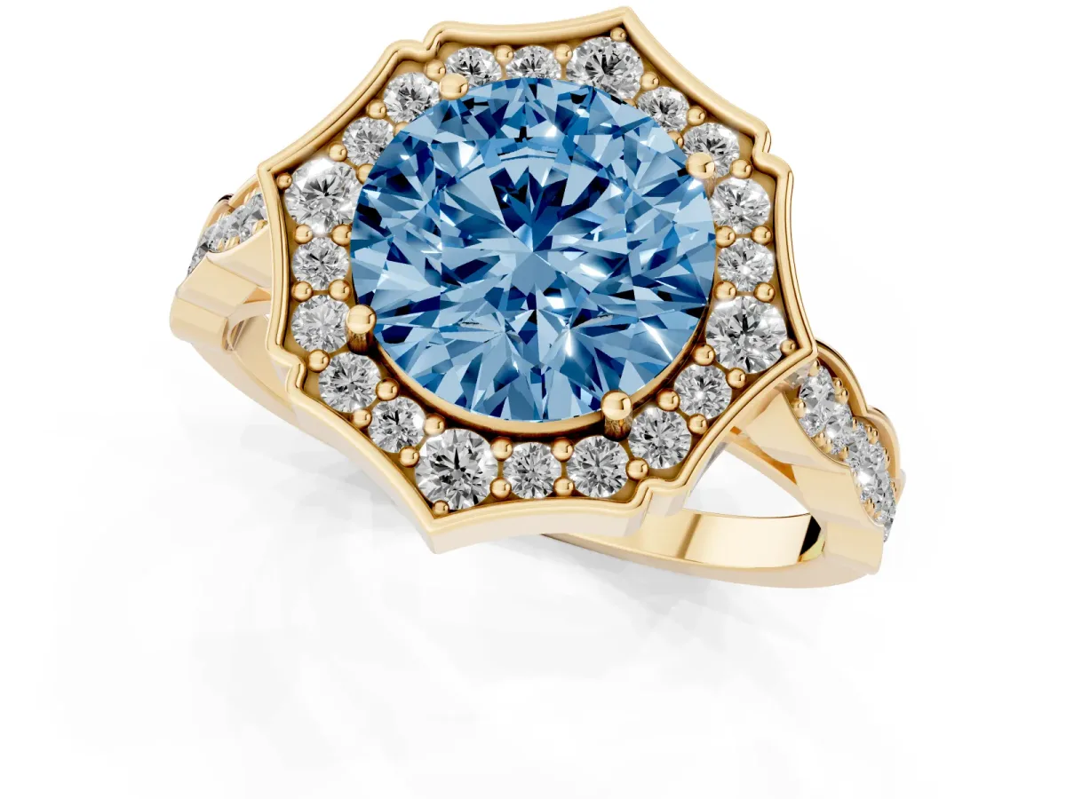 Fancy Blue Round Cut Halo Diamond Engagement Ring with Milgrain Band and Four-Prong Setting Yellow gold