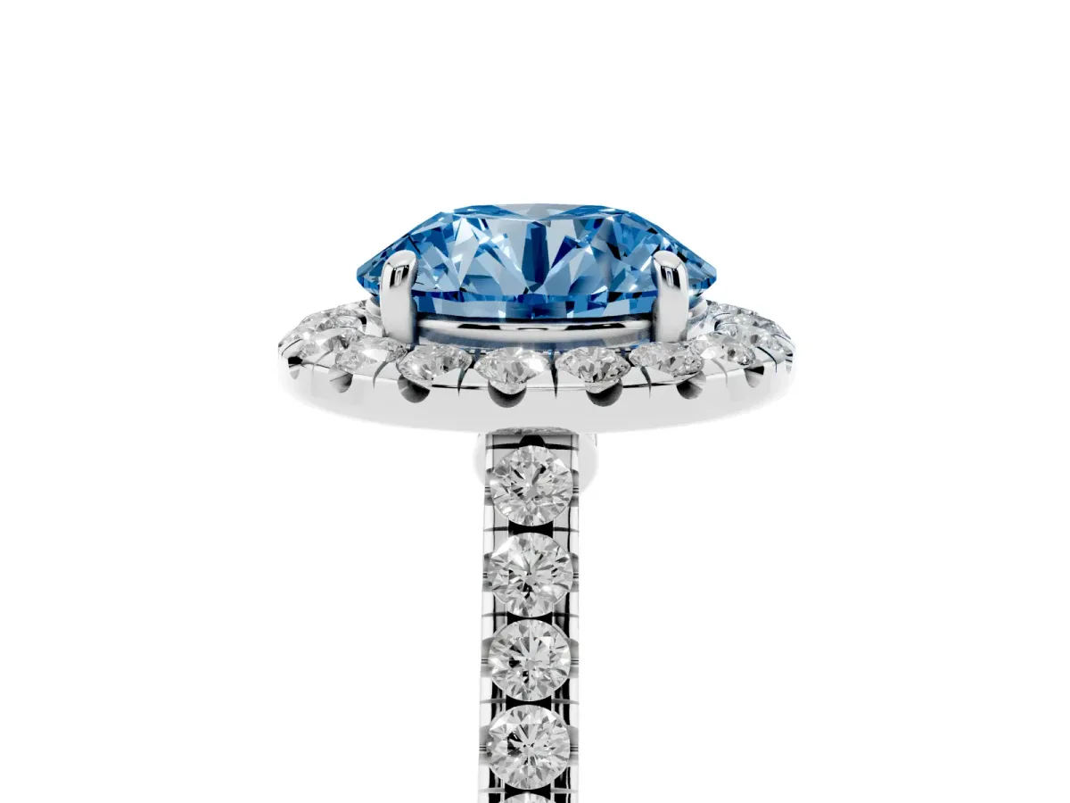 Fancy Blue Round Cut Halo Pave Diamond Engagement Ring with Four-Prong Setting Silver