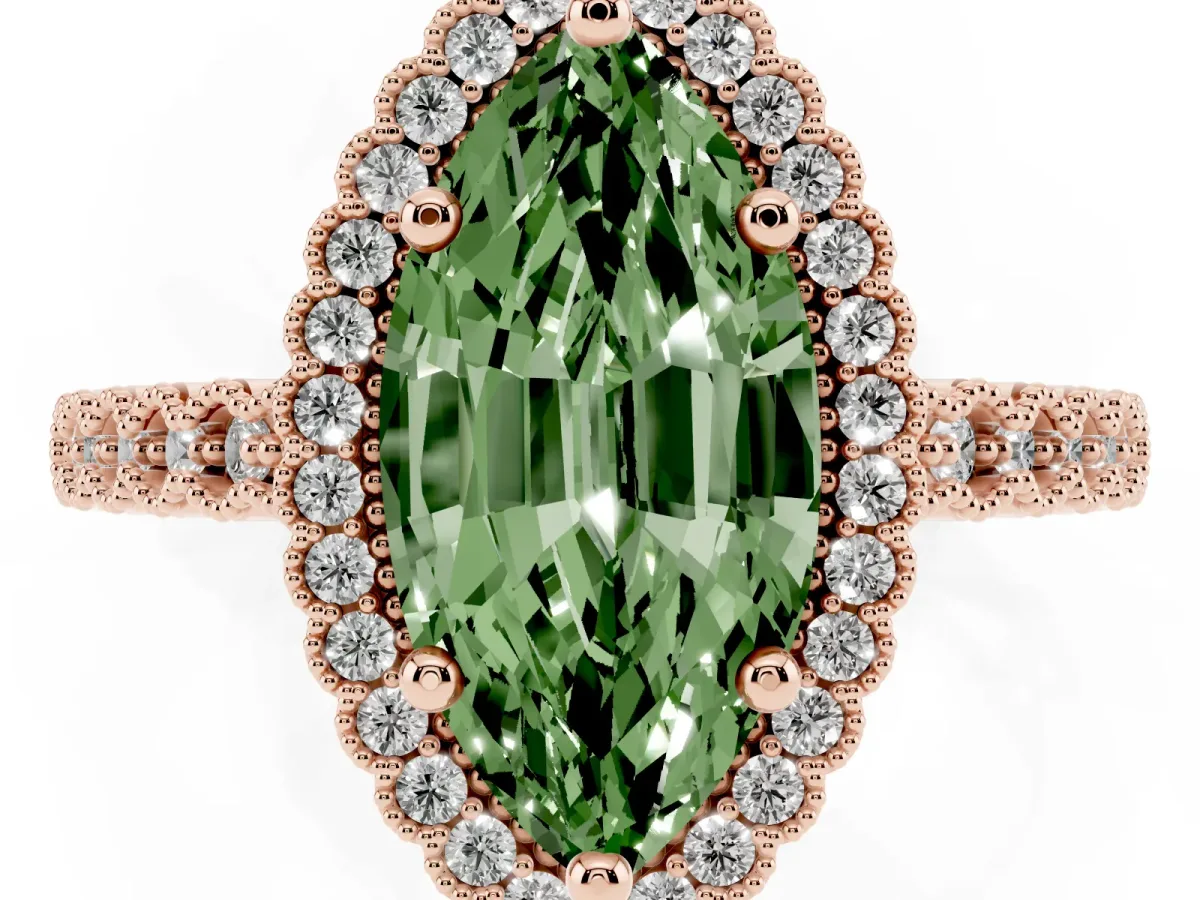 Fancy Green Marquise Cut Cut Halo Pavé Solitaire Ring with Milgrain Band Rose gold