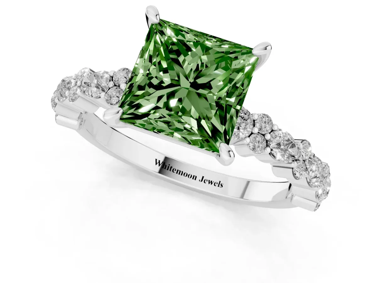 Fancy Green Princess Cut Diamond Side Stone Solitaire Ring with Round and Four-Prong Setting Silver