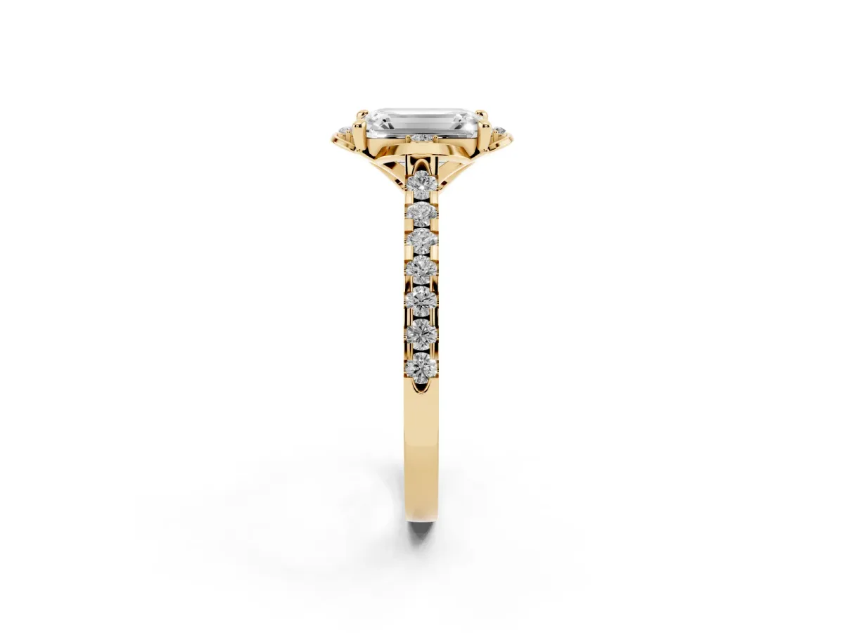 Emerald Cut Diamond Ring with Pavé Band and Floral Prong Setting Yellow gold