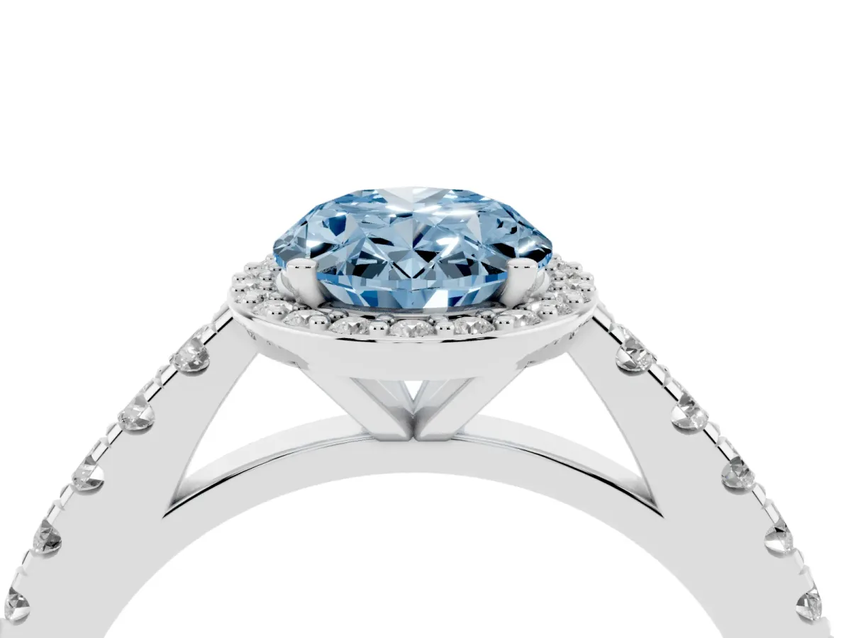 Fancy Blue Oval Cut Cut Halo Diamond Engagement Ring with Pave Band and Four-Prong Setting Silver